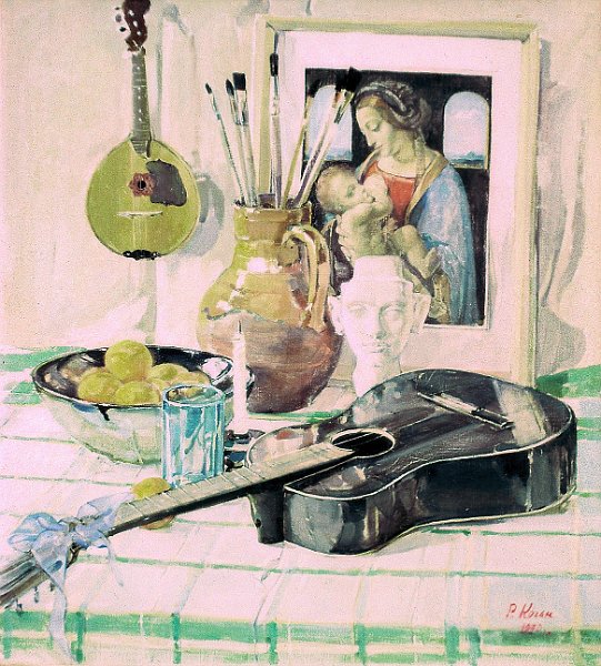 Still life with violin 80's size unknown oil on canvas